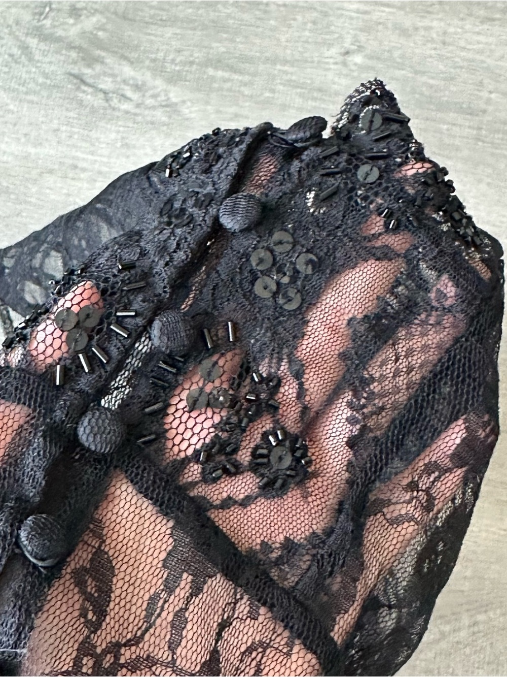 Nygard Sheer Black Lace Button-Front and beaded sheer Blouse whimsigoth - Picture 5 of 7